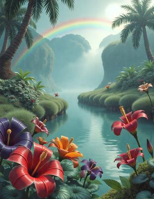 The primary subject of the image is a beautifully painted waterway surrounded by a lush, colorful garden. The waterway is filled with flowers, including red, orange, and purple ones, creating a vibrant and serene atmosphere. The setting is a tropical environment, with palm trees and a rainbow in the background, adding to the overall visual style. The colors and mood of the image are predominantly warm and inviting, with the rich hues of the flowers and the lush greenery of the